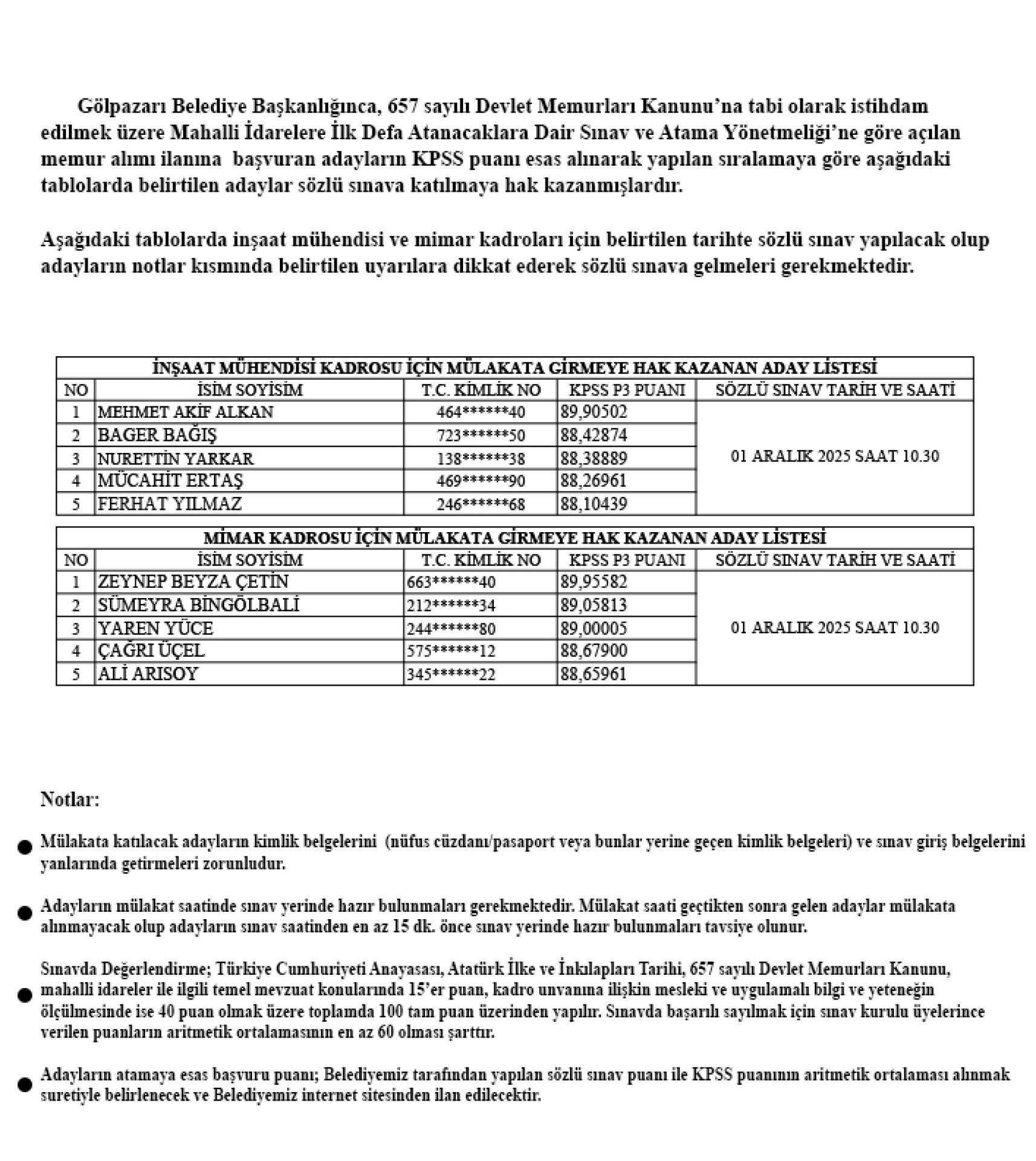 Memur Alımı Mülakat Duyurusu